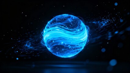 A glowing blue sphere with swirling energy patterns floats in a dark, star-filled space, emitting light and particles.