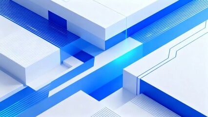 Abstract geometric composition with blue and white cubic structures and glowing lines