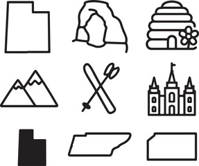 Utah state symbols and landmarks icon set: featuring map outline, delicate arch, beehive, mountains, skis, and salt lake temple isolated on white background, Vector, illustration