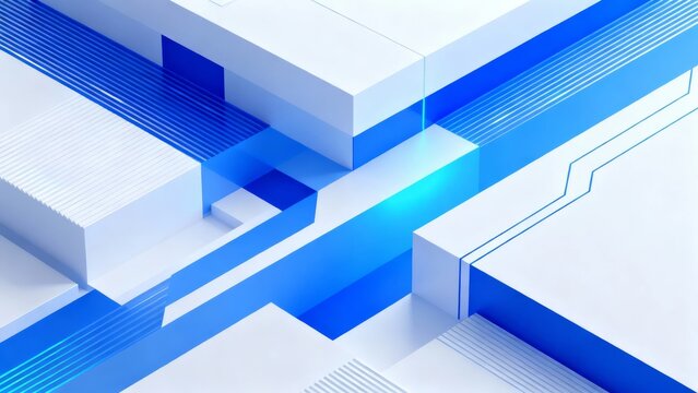Abstract geometric composition with blue and white cubic structures and glowing lines