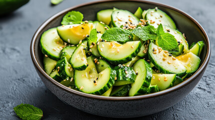 Fresh avocado cucumber salad with sesame and mint, bright lime dressing