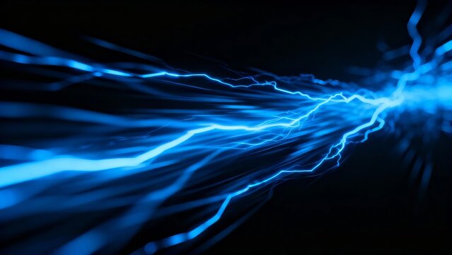 Blue electric lightning bolts streaking across a dark background - Powered by Adobe