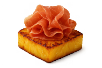 Prosciutto slices resting on a square of caramelized grilled pineapple, presenting a gourmet appetizer. Transparent background