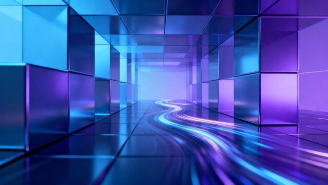 Abstract digital corridor with glowing blue and purple light trails on reflective tiled surfaces