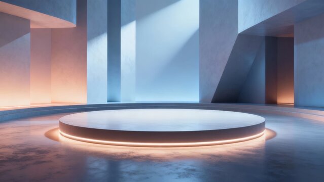 Modern minimalist interior with circular illuminated platform and geometric architecture - Powered by Adobe