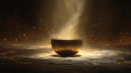 glowing singing bowl with radiant golden waves in mystical meditative scene