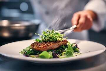 A chef carefully places a garnish of greens on a plate with perfectly seared meat. Steam rises from the dish, highlighting the freshness of the ingredients in a bustling kitchen.