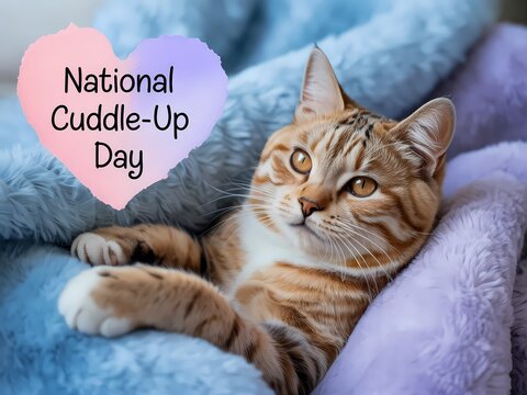A tabby cat relaxes on a plush blanket celebrating national cuddle up day - Powered by Adobe