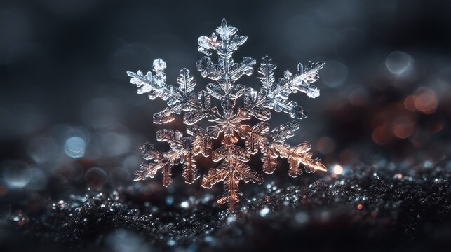 realistic snowflake macro with dark edgy atmospheric metal style