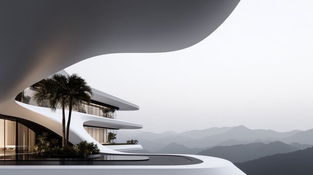 aerial modern apartment tower with flowing glass terraces and tropical greenery