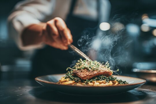 A chef carefully garnishes a gourmet plate with fresh microgreens. Steam rises from the flavorful dish, showcasing attention to detail in a stylish restaurant kitchen during dinner service. - Powered by Adobe