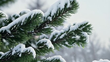 Snow-covered pine tree branches during winter snowfall day - Powered by Adobe