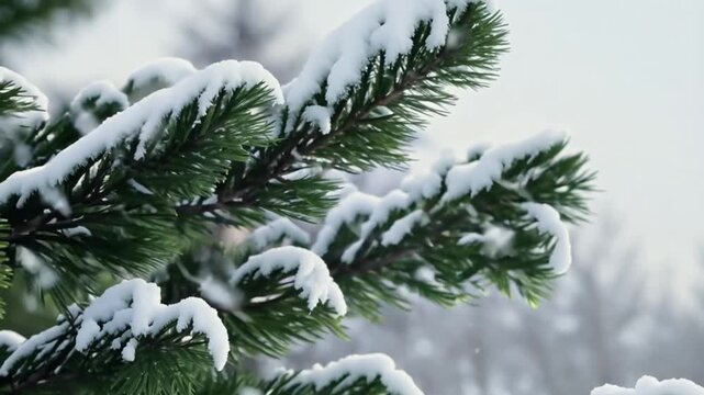 Snow-covered pine tree branches during winter snowfall day