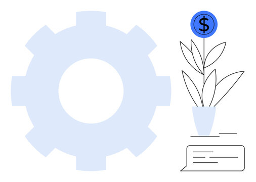 Gear symbolizes mechanisms, plant growth conveys progress, blue circle with dollar sign represents financial success, and chat bubble highlights communication. Ideal for innovation, growth, finance