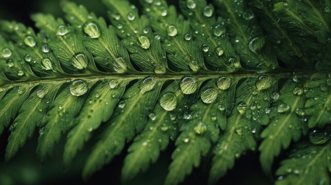 macro dew fern leaf with natural symmetry in calm earthy morning light - Powered by Adobe