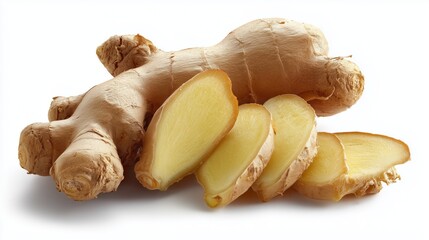 sharp sliced ginger on clean white background with high detailed texture