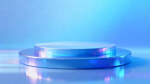 Circular metallic podium with reflective surface under blue gradient lighting