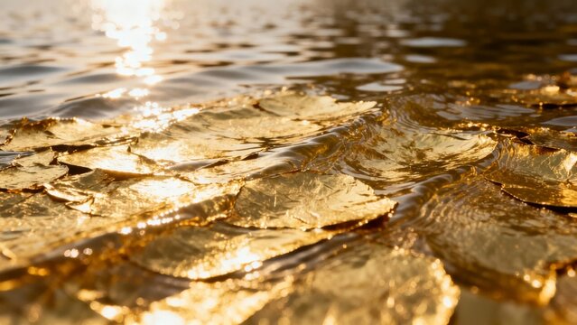 Golden leaves floating on water surface with sunlight reflection