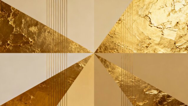 Abstract geometric pattern with gold and beige triangular sections featuring textured surfaces and vertical lines