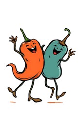 Cartoon chili peppers dancing happily isolated on white background