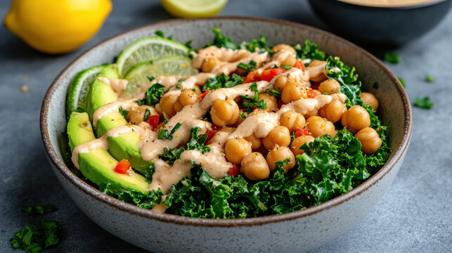 Kale chickpea avocado salad with tahini dressing, lime slices and fresh herbs, bright appetizing - Powered by Adobe