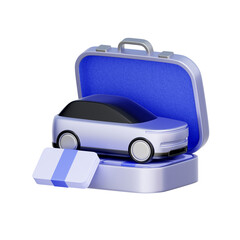 3D icon of an open briefcase with a car and fund bundles For saving for a new car, managing a car loan, auto financing budget, and vehicle purchase planning.