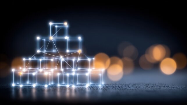 A glowing geometric structure composed of interconnected cubes sits against a dark backdrop. Soft bokeh lights create a dreamy atmosphere, enhancing the modern design of the artwork.