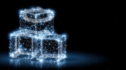 Three glowing digital cubes, crafted from interconnected lines and nodes, create a striking visual against a black background. The luminescent design gives a modern and technological feel.