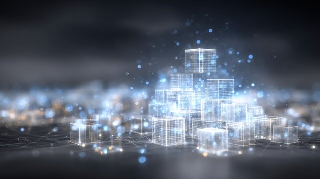 A cluster of translucent cubes glimmers softly against a dark backdrop. Each cube emits glowing dots of light, creating a sense of depth and connection in a digital environment.