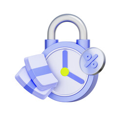3D icon of a time lock with cash bundles and a percentage symbol For fixed-term deposits, locked savings accounts, earning fixed interest, and long-term financial planning.