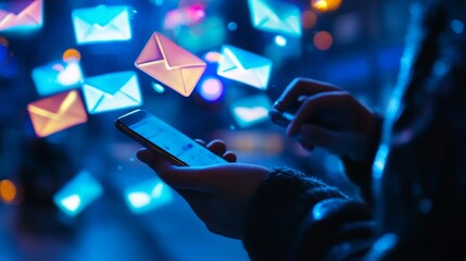 Person s hands holding a smartphone with a digital cloud of email icons floating around