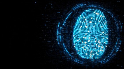 A bright blue digital fingerprint is displayed against a black backdrop, illustrating the concept of biometric identification. Circuits and data flow add depth to the design.