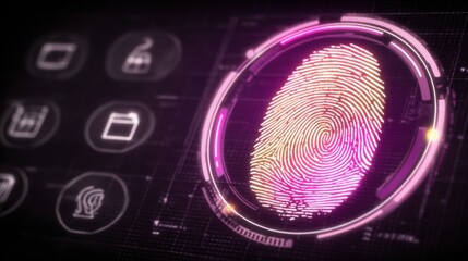 A colorful digital display shows a fingerprint surrounded by various icons. The interface represents advanced security features. Bright colors and intricate designs enhance the visual appeal.