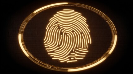 A vibrant, glowing fingerprint is displayed in warm light against a dark background. This design emphasizes uniqueness and identity, highlighting security and technology.