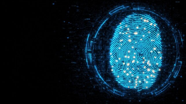 A bright blue digital fingerprint is displayed against a black backdrop, illustrating the concept of biometric identification. Circuits and data flow add depth to the design. - Powered by Adobe