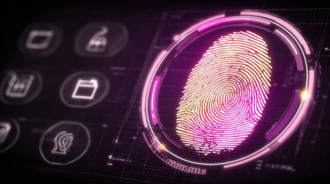 A colorful digital display shows a fingerprint surrounded by various icons. The interface represents advanced security features. Bright colors and intricate designs enhance the visual appeal.