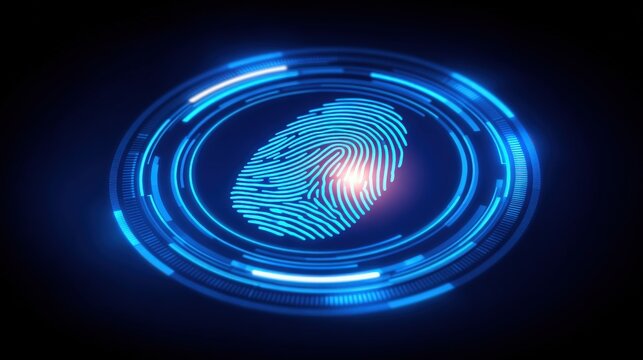 A digital fingerprint appears in bright blue tones against a dark background, symbolizing security and identity verification.