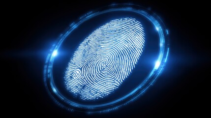 A glowing digital representation of a fingerprint is displayed on a dark background. The fingerprint appears vibrant with blue hues and intricate lines, showcasing biometric technology.