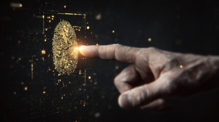 A close-up view of a hand gently pressing against a digital fingerprint scanner.