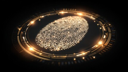 A detailed fingerprint is shown on a sleek digital screen. The fingerprint glows against a dark background, surrounded by circular lights and data elements, highlighting its security features.