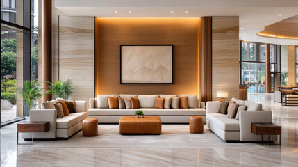 Fototapeta premium Modern hotel lounge with deep sofa, warm tones, leather ottoman, cozy ambient lighting