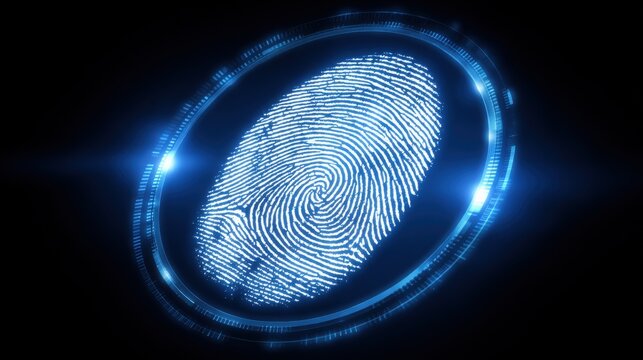 A glowing digital representation of a fingerprint is displayed on a dark background. The fingerprint appears vibrant with blue hues and intricate lines, showcasing biometric technology.