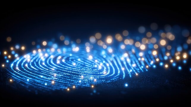 A bright and colorful digital fingerprint is displayed against a dark background. The fingerprint is made of shimmering blue lights, creating a futuristic look.