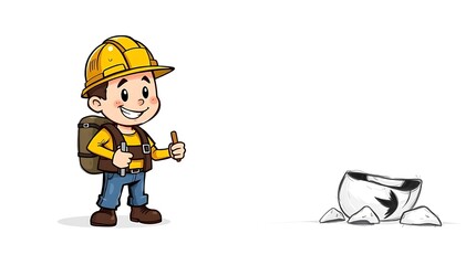 Fototapeta premium Cartoon construction worker with hard hat and backpack giving thumbs up isolated