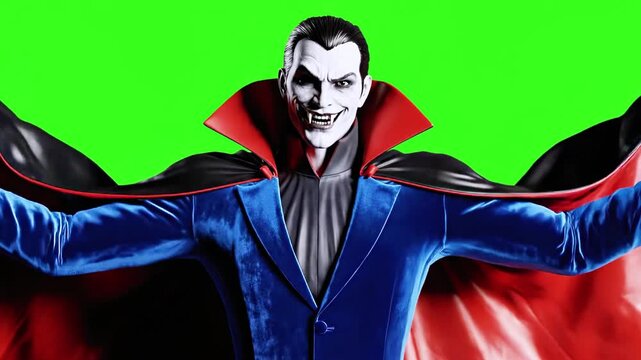 A vampire figure with dark hair, white face, fangs, wearing a blue jacket, red cape, on green