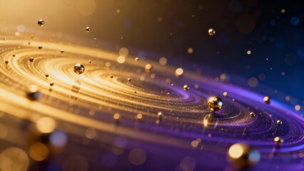 Abstract cosmic scene with swirling golden and purple rings, glowing particles, and spherical orbs in motion