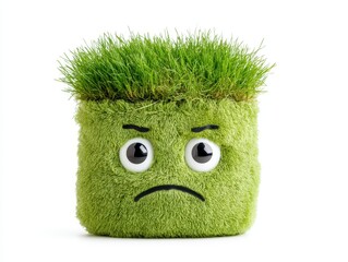 Angry Grass Pot with Googly Eyes on White Background