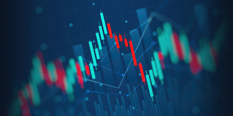 financial chart with uptrend line candlestick graph in stock market on blue color monitor background