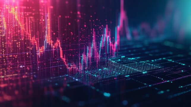 Abstract digital cityscape with neon lights and circuit board textures