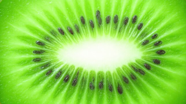 A fresh kiwi slice reveals its vibrant green flesh and small black seeds arranged in a circular pattern. The inner part is white, contrasting beautifully with the green and black.